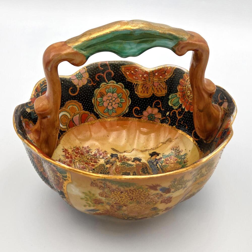 Vintage Royal Satsuma Porcelain Basket – Hand Painted Japanese Moriage Pottery